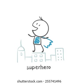 superhero standing on the roof of the city illustration