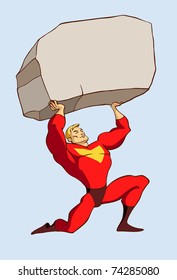 superhero in a standing pose holding a huge rock above his head