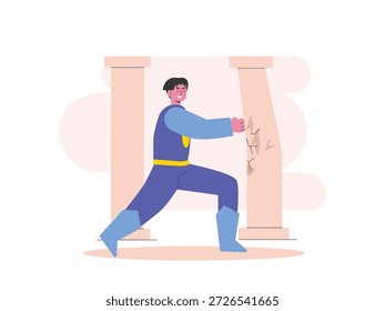 Superhéroe de pie y golpeando una pared, increíblemente poderoso. Diseño de personajes. Ilustración plana de Vector.