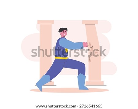 Superhero standing and punching a wall, incredibly powerful. Character design. Vector flat illustration.