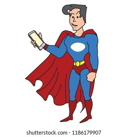 Superhero standing with a smartphone mobile phone in hand blue red uniform