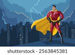 Superhero standing tall atop a building on cityscape, surrounded by dramatic storm clouds and striking lightning. Perfect for themes of strength, courage, and resilience