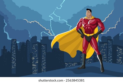 Superhero standing tall atop a building on cityscape, surrounded by dramatic storm clouds and striking lightning. Perfect for themes of strength, courage, and resilience