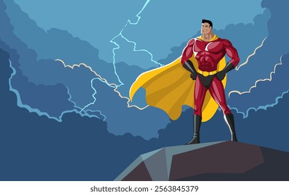 Superhero standing tall atop a rock, surrounded by dramatic storm clouds and striking lightning. Perfect for themes of strength, courage, and resilience