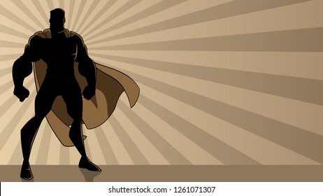 Superhero standing tall on abstract ray light background with copy space.