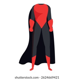 Superhero is standing with their arms at their sides, wearing a red and black costume and cape