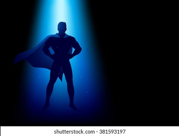 Superhero standing under the blue light