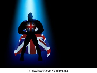 Superhero standing under blue light with United Kingdom insignia