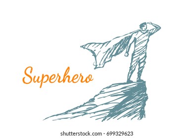 The superhero stands on a rock and looks into the distance. Vector concept illustration. Hand drawn sketch. Lettering superhero.