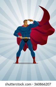 Superhero stands on the sunrise background. Vector illustration