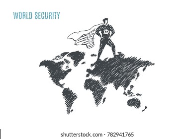 The Superhero stands proudly on the World map. Vector business concept illustration, hand drawn sketch. World Security svg