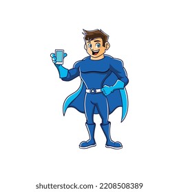 superhero stands waving smartphone. vector