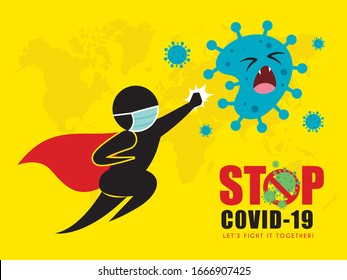 Superheroína figura hombre con máscara médica ataque coronavirus. Parar la ilustración vectorial del coronavirus (covid-19). Luchemos contra el pictograma del coronavirus. Afiche artístico sobre el concepto de enfermedad infecciosa epidémica.