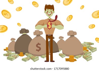 Superhero strong businessman with green skin, vector illustration. Guy in shirt and t-shirt with drawn dollar sign. Bag money earned, super strong cartoon bank employee behind character.