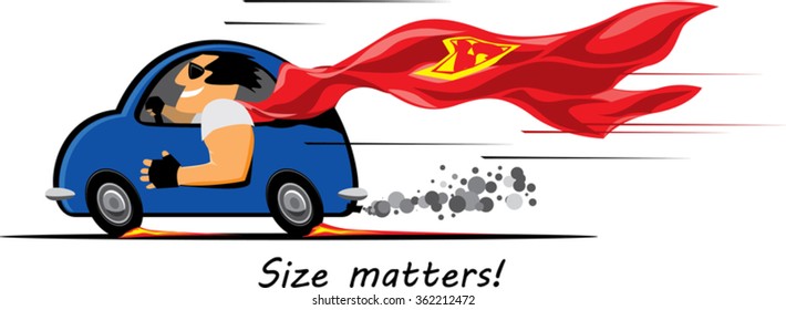 A Superhero Strong Man Enjoying Fast Drive On A Small Blue Car. Vector Illustration