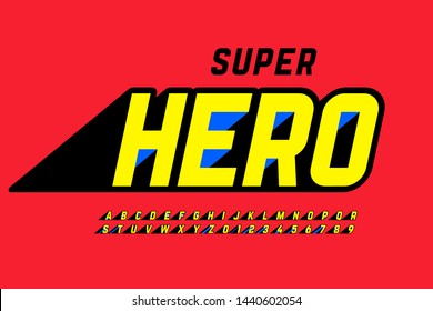 Superhero style comics font design, alphabet letters and numbers vector illustration