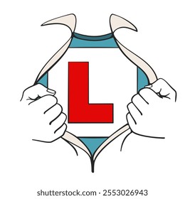 Superhero style shirt reveal with two hands tearing open a shirt showing an L Plate for new learner driver in line art vector style