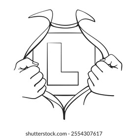 Superhero style shirt reveal with two hands tearing open a shirt showing an L Plate for new learner driver in line art vector style