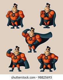 Superhero in a suit with a cape in various poses on a simple background.