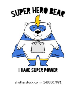 Superhero super cute white bear in mask. doodle print design modern vector cartoon illustration for children kid girls Fashion print design for t-shirt clothes tee coloring badge patch sticker pin