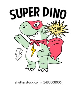 Superhero Super Dino Lizard T-REX In Mask. Trendy Print Design Modern Vector Cartoon Illustration For Children Kid Girls. Fashion Print Design For T-shirt Clothes Tee Coloring Badge Patch Sticker Pin.