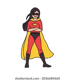Superhero and super power woman or young girl cartoon character in red and gold costume, sketch vector illustration isolated on white background. Strong and brave woman.