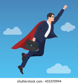 Superhero super successful businessman flying in the sky. Success growth business concept.