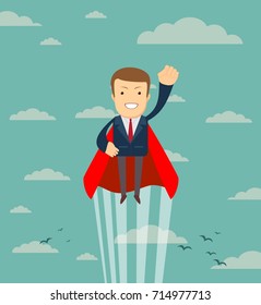 Superhero super successful businessman flying in the sky. Success growth business concept.