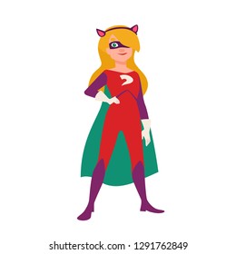 Superhero or supergirl. Beautiful smiling blonde child wearing bodysuit and mask with super powers. Brave and confident comic or fantastic character. Colored vector illustration in flat cartoon style