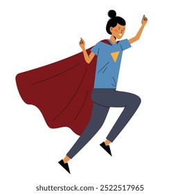 Super-herói Supergirl. Acredite em seus sonhos, seja um super-herói para os necessitados. Vista de tamanho do corpo de comprimento total de sua bela atraente forte motivado ajuste energético slim alegre pulando menina