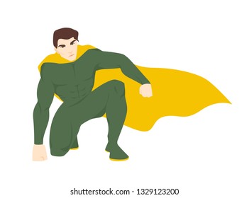 Superhero, superhuman. Attractive man with muscular body wearing bodysuit and cape. Brave and strong fantastic hero or guardian with super power. Vector illustration in flat cartoon style.