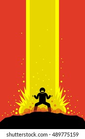 Superhero superhuman charging up his super power energy that explode up to the sky causing a massive explosion. His super power is overwhelming. Vector artwork drawn in anime style.