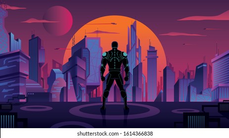 Superhero or superhuman futuristic soldier watching over futuristic city at sunset.