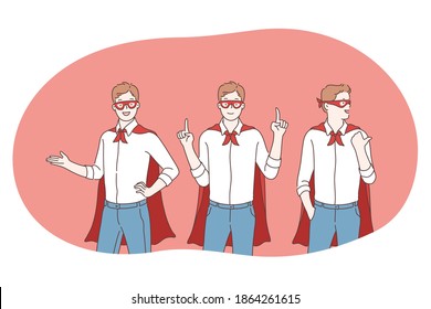 Superhero, superman, power concept. Young positive men cartoon characters in superman costume mantle and mask imagining power and leadership. Fantasy, imagination, justice, strength illustration