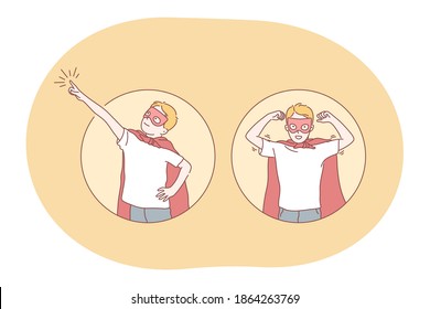 Superhero, superman, power concept. Young smiling boy child in red superman costume mantle and mask imagining superpower and leadership. Fantasy, imagination, justice, strength, champion illustration