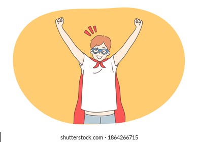 Superhero, Superman, Power Concept. Young Smiling Boy Child In Red Superman Costume Mantle And Mask Imagining Power And Leadership. Fantasy, Imagination, Justice, Strength, Champion Illustration