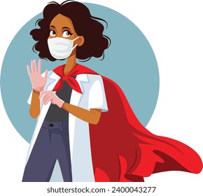 
Superhero Surgeon Putting Medical Gloves Vector Character. Medical doctor saving lives wearing a red cape 
