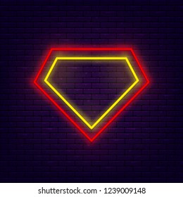 Superhero symbol. Colorful neon frame at brick wall. Red, yellow and orange. Element for presentations, smm, stories, posters or postcards. Vector, isolated, eps 10.