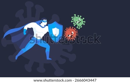 A superhero symbolizing the immune system fights off viruses, highlighting its role in preventing illness and aiding recovery.