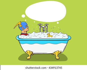 Superhero takes a bath. Cartoon pop art vector illustration. Human comic book vintage retro style.