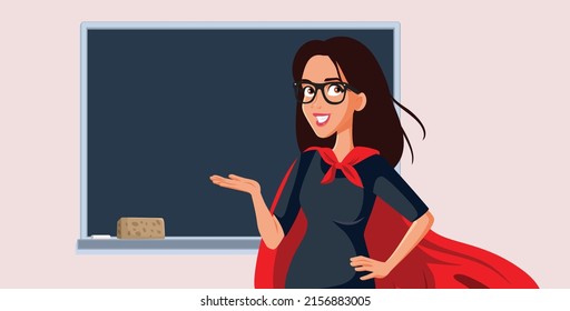 

Superhero Teacher Standing in Front of a Blackboard Vector Cartoon Illustration. Exceptional professor teaching her class of students wearing a red cape

