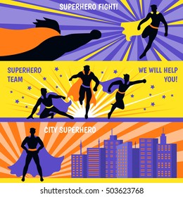 Superhero team horizontal banners set with cartoon characters flying to aid flat isolated vector illustration