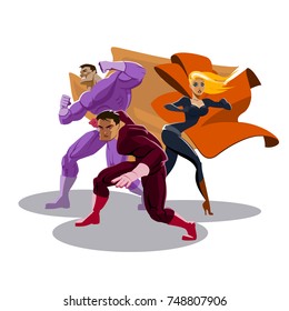 Superhero team. Look around. Stand in readiness. Vector illustration