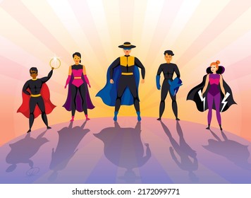 Superhero Team. Silhouette League Of Justice Background, Group Of Man And Woman Figures In Capes, Protectors Party. Heroic People Clipart. Strong Muscular Persons. Vector Cartoon Illustration