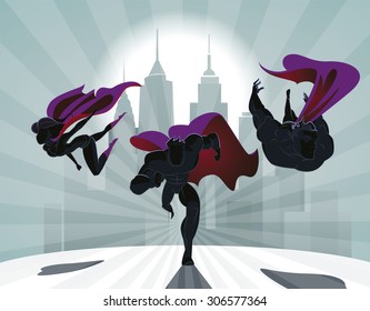 Superhero Team; Team Of Superheroes, Flying And Running In Front Of A Urban Background.