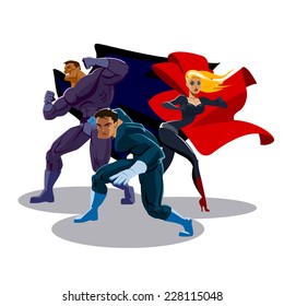 Superhero Team: Team of superheroes. Look around. Stand in readiness. Isolated background.