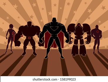 Superhero Team: Team Of Superheroes. No Transparency And Gradients Used.