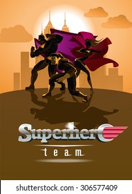 Superhero Team; Team of superheroes, posing in front of a light.