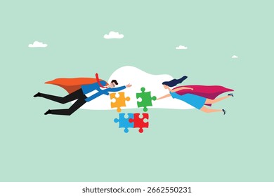Superhero Teamwork for Business Solutions solving puzzle illustration
