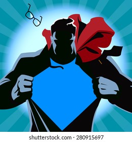 Superhero tearing his shirt. Vector illustration. Silhouette